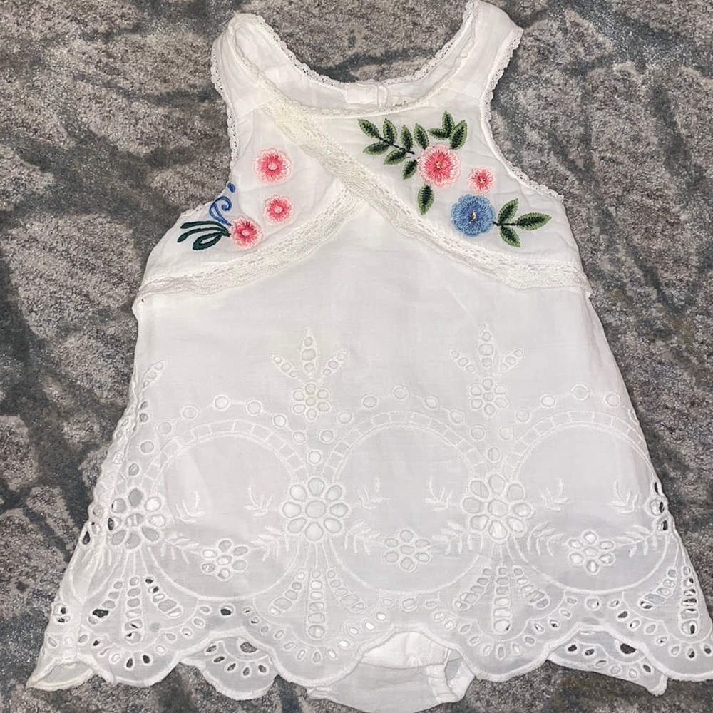 Mimi & Maggie white dress with colorful embroidery and eyelet